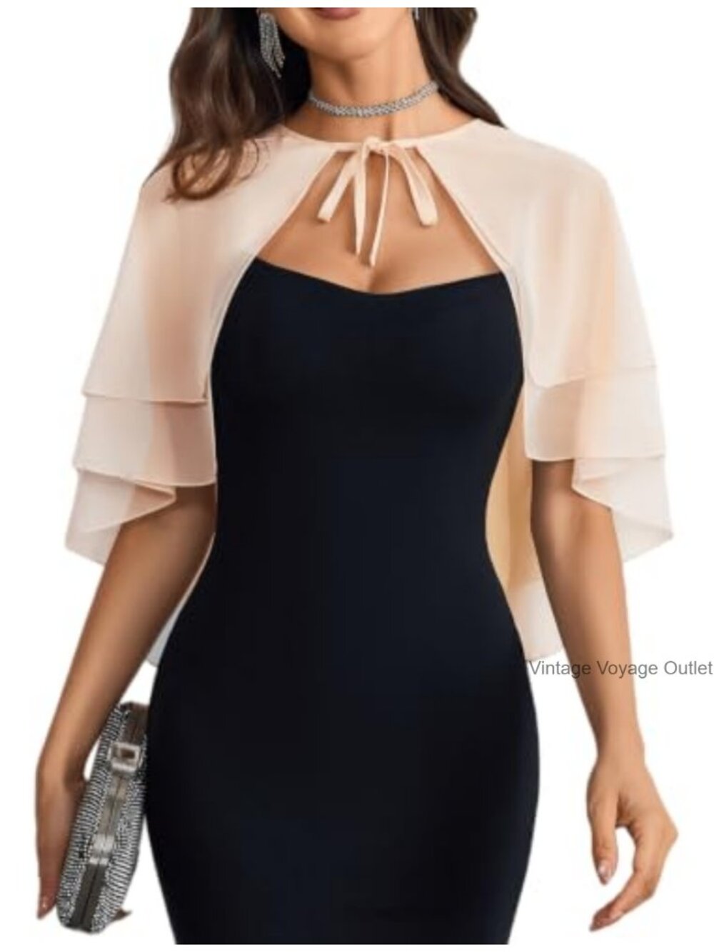 Chiffon Capelet Shawl Wrap Tiered Ruffle Front Tie Formal Evening Cover Up